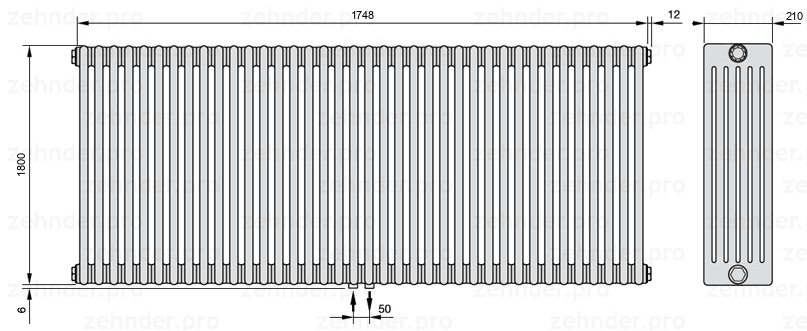Схема (чертеж) Радиатор Zehnder Charleston 6180/38 №3470 Белый глянцевый RAL 9016